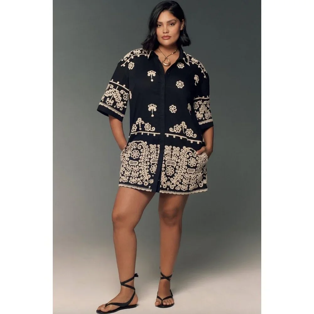 Anthropologie Maeve Short-Sleeve Collared Mini Shirt Dress Size XL Y2K 90s